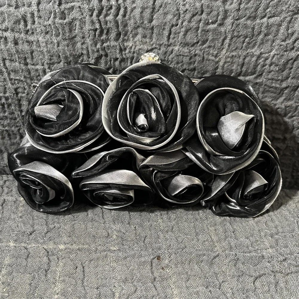 Women Satin Rose Rhinestone Black / Gray Color Handbag Silver tone chain - Picture 13 of 14